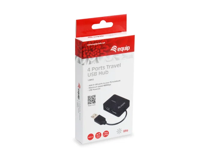 Equip 128952 Hub USB 2.0 4 Puertos, 480 Mbps, Negro, Mini Hub Travel, Conectar y Usar