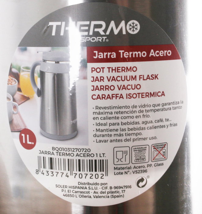Thermosport Jarra Termo Acero Inoxidable 1 Lt. con Dimensiones 13.3 cm Ancho x 26.7 cm Alto x 20 cm Largo (6 Unidades)