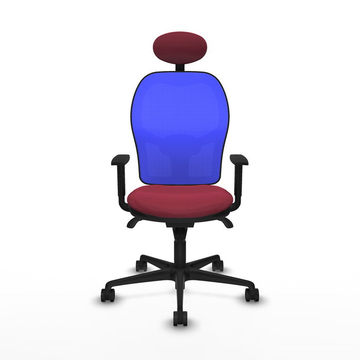 Silla de oficina Jorquera con mecanismo Sincro tapizada con Tela color Granate y malla color Azul. Equipada con lumbar 1D, Brazos 1D, Cabecero Fijo y Ruedas 65mm nailon