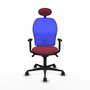 Silla de oficina Jorquera con mecanismo Sincro tapizada con Tela color Granate y malla color Azul. Equipada con lumbar 1D, Brazos 1D, Cabecero Fijo y Ruedas 65mm nailon