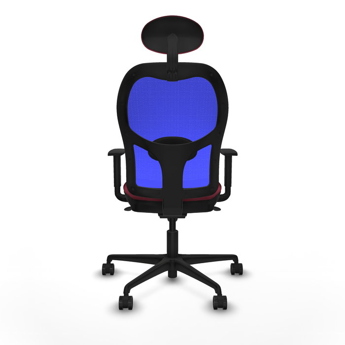 Silla de oficina Jorquera con mecanismo Sincro tapizada con Tela color Granate y malla color Azul. Equipada con lumbar 1D, Brazos 1D, Cabecero Fijo y Ruedas 65mm nailon