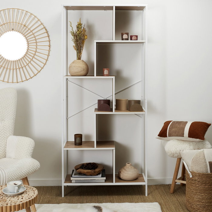 Edison Estantería Natural 80x30x180 cm con Estructura Hierro y Baldas de Madera, Acabado Blanco