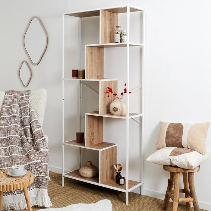 Edison Estantería Natural 80x30x180 cm con Estructura Hierro y Baldas de Madera, Acabado Blanco