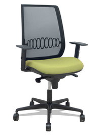 Silla de oficina Alares con mecanismo Sincro tapizada con Tela color Verde oliva y malla color Negro. Equipada con lumbar 1D, Brazos 1D y Ruedas 65mm nailon
