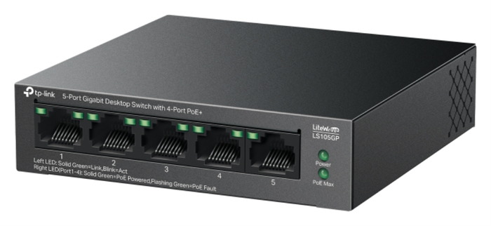 TP-Link LS105GP Switch Gigabit de 5 puertos con 4 puertos PoE+ TP-Link LS105GP Switch Gigabit de 5 puertos con 4 puertos PoE+
