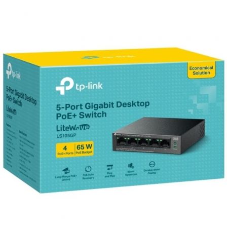 TP-Link LS105GP Switch de Sobremesa/Gigabit 5 Puertos con 4 Puertos PoE+ 802.3af/at, 65W Total, Hasta 250m Extensión, Plug and Play, Sin Ventilador, Para Cámaras IP, AP