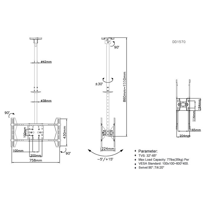 EQUIP Soporte TV Techo Doble Pantalla 39"-75" 2TFT hasta 80kg Inclinable Ajustable Negro