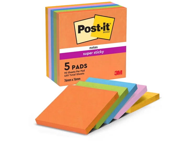 Post-it Bloc de notas adhesivas Super Sticky 76x76 mm, 90 hojas, pack de 5 colores surtidos
