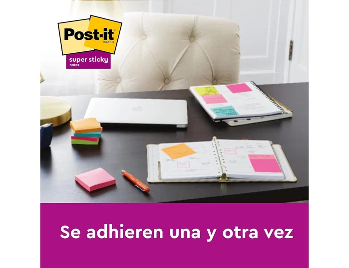 Post-it Bloc de notas adhesivas Super Sticky 76x76 mm, 90 hojas, pack de 5 colores surtidos