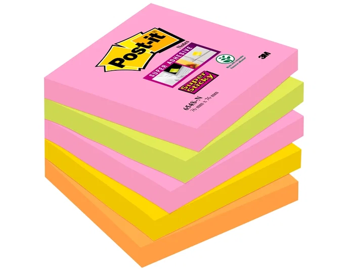 Post-it Bloc de Notas Adhesivas Super Sticky 76x76 mm con 90 Hojas Pack de 5 Bloc Colores Surtidos