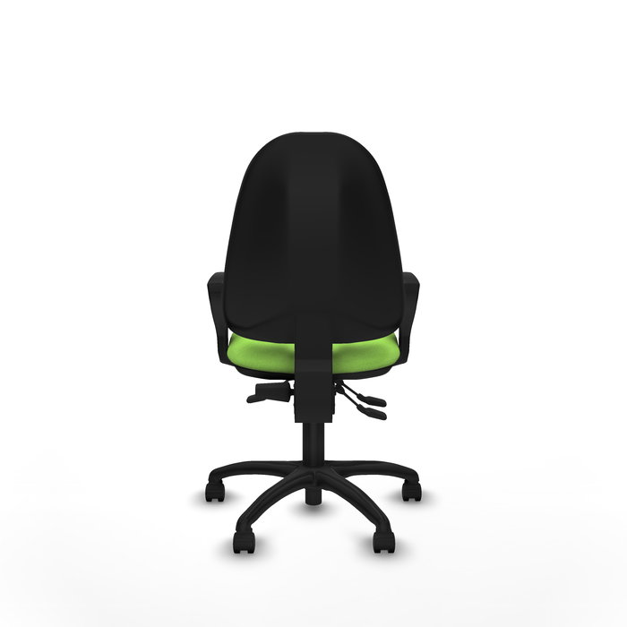 Silla de oficina Algarra con mecanismo Asincro tapizada con Tela color Pistacho. Equipada con Base poliamida negra, Brazos fijos y Ruedas de nailon 50 mm