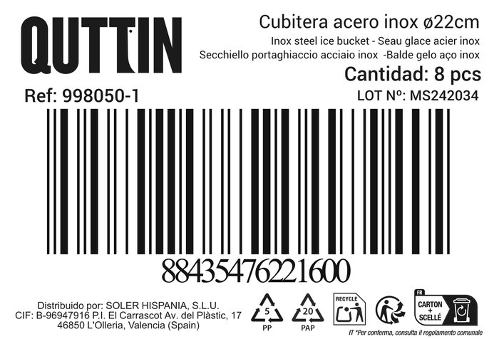 Inde Cubitera de Acero Inoxidable Ø22 cm 5 Litros - Quttin (8 Unidades)