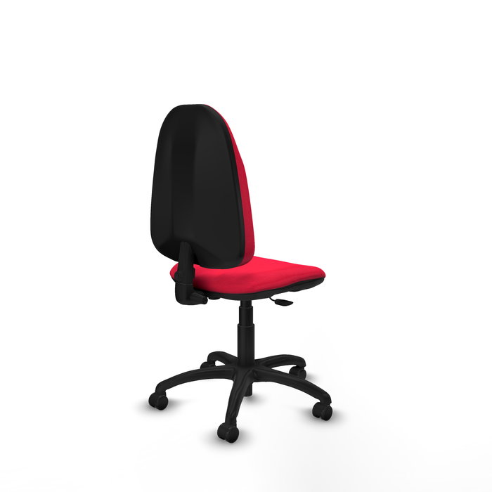 Silla de oficina Algarra con mecanismo Contacto permanente básico tapizada con Tela color Rojo. Equipada con Base poliamida negra, Sin brazos y Ruedas autofrenantes