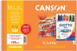 CANSON - GUARRO Bloc de dibujo Basik Premium espiral A4+ 150g con estuche de ceras Giotto