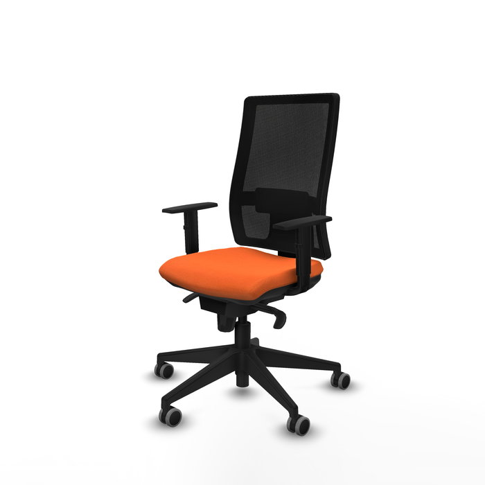 Silla de oficina Horna con mecanismo Sincro tapizada con Tela color Naranja y malla color Negro. Equipada con lumbar 1D, Brazos 1D y Ruedas 65 mm parqué