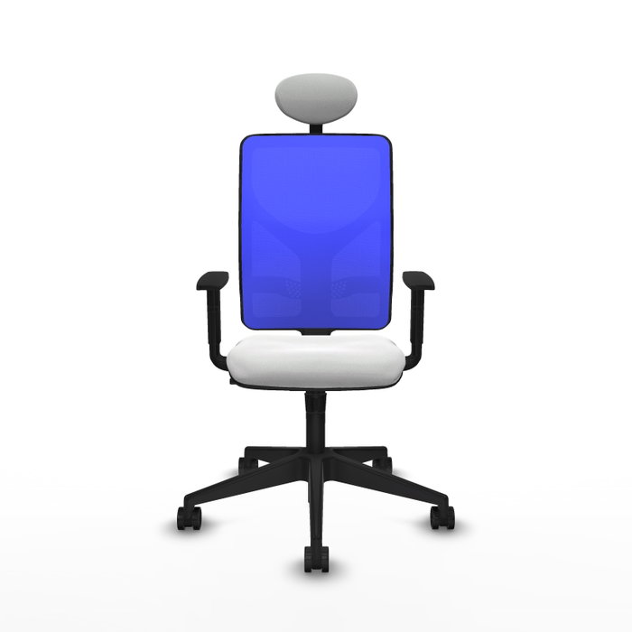 Silla de oficina Motilla con mecanismo Sincro tapizada con Tela color Blanco y malla color Azul. Equipada con lumbar 1D, Brazos 1D, Cabecero Fijo y Ruedas 65mm nailon