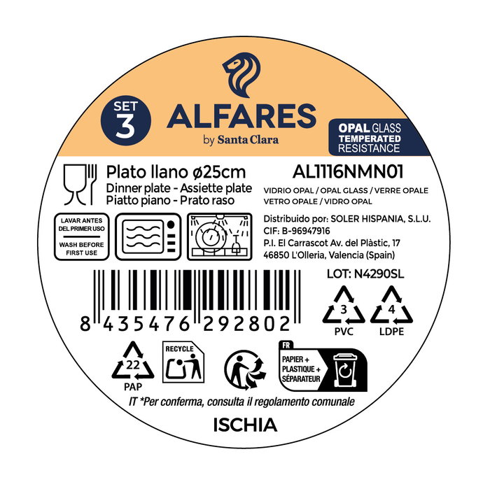 Inde Set de 3 Platos Llanos Ischia, Vidrio Opal Negro, Diámetro 25.3 cm (4 Cajas)