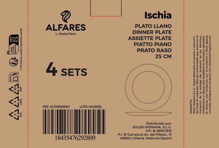 Inde Set de 3 Platos Llanos Ischia, Vidrio Opal Negro, Diámetro 25.3 cm (4 Cajas)