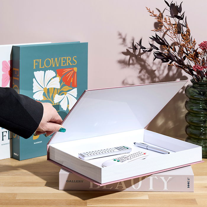 Home Deco Factory Libro-Caja Deco Beauty Flower, Caja de Almacenamiento Decorativa y Discreta, Modelos Beauty Rosa/Beige, Flowers Crema/Verde, 25x4.5x33 cm