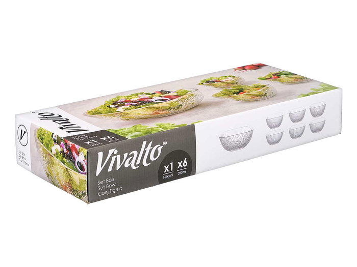 Vivalto Set 7 Piezas Relieve Fino: 1 Bol Grande y 6 Bol Pequeños, Vidrio Transparente, 54x22.5x9 cm (Set de 4) Vivalto Set 7 Piezas Relieve Fino: 1 Bol Grande y 6 Bol Pequeños, Vidrio Transparente, 54x22.5x9 cm (Set de 4)