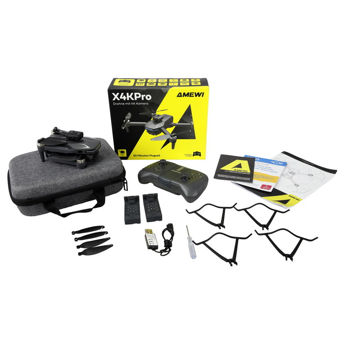 AMEWI Drohne AMXFlight X4KPro Quadrocopter con Camara 4K 3840x2160, brushless, Plegable, RTF, Alcance 50m, Bateria 1500mAh, Color Gris