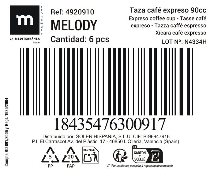 Inde Taza de café expreso Melody 90 cc, Ø6x7 cm, 138 g (36 Unidades)