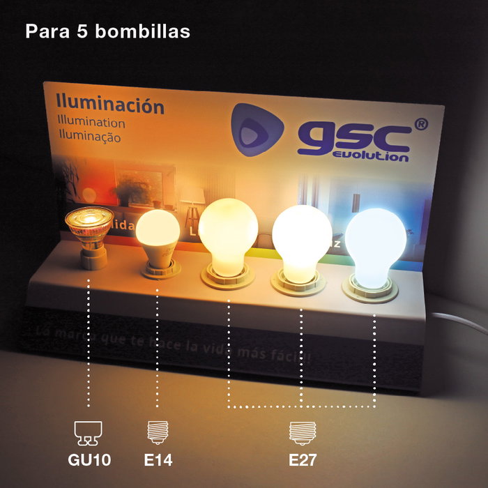 GSC Evolution Expositor Lighter probador bombillas 3xE27, 1xE14, 1xGU10