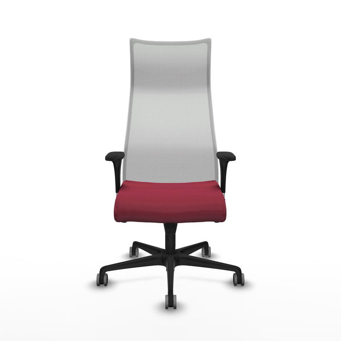 Sillón Albacete con mecanismo Sincro tapizada con Tela color Granate y malla color Blanco. Equipado con Base nailon negra, Brazos 1D y Ruedas 65 mm parqué