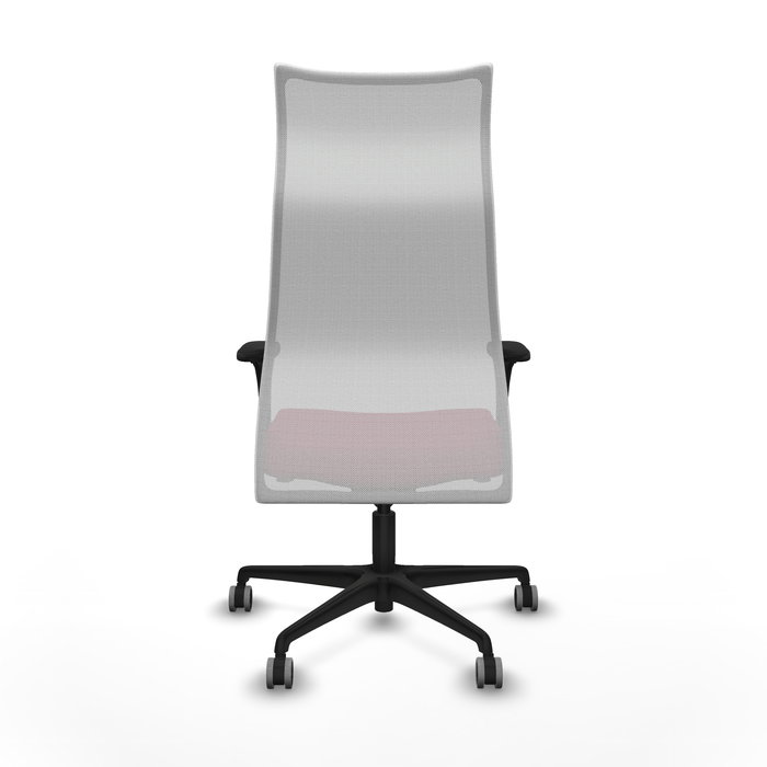 Sillón Albacete con mecanismo Sincro tapizada con Tela color Granate y malla color Blanco. Equipado con Base nailon negra, Brazos 1D y Ruedas 65 mm parqué