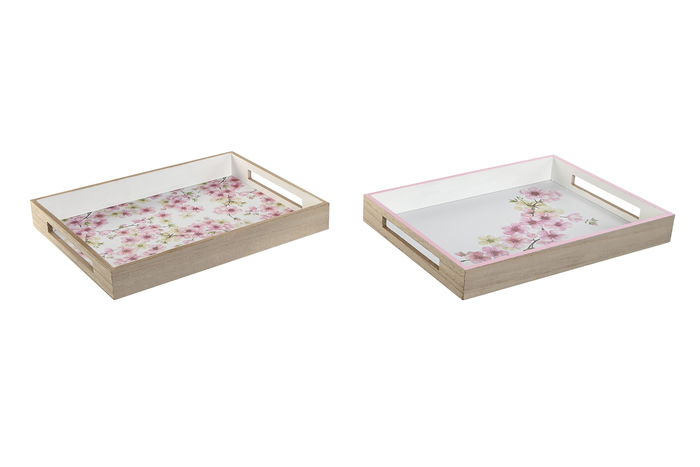 DKD Home Decor Bandeja Almendro 2024 Romantico Rosa Blanco MDF 30 x 5 x 40 cm (4 Unidades)