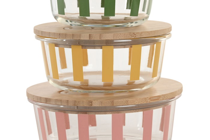 DKD Home Decor Recipiente Moderno Verde Amarillo Coral Rayas Cristal Borosilicato 17.3 x 17.3 x 7 cm