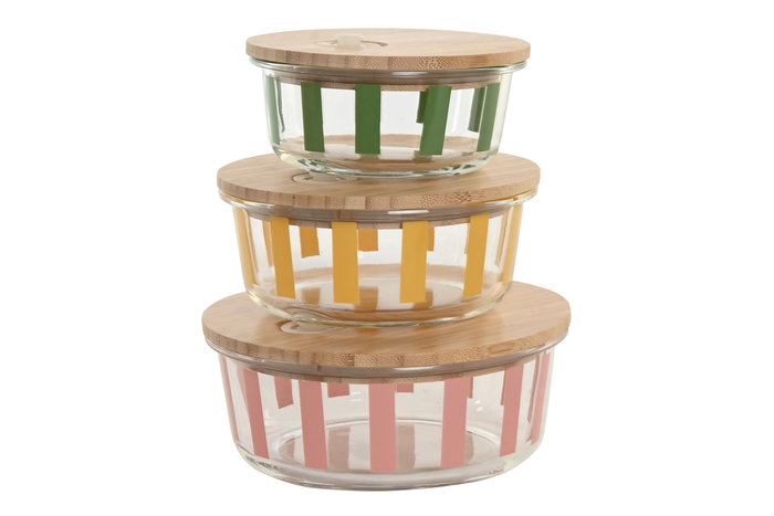 DKD Home Decor Recipiente Moderno Verde Amarillo Coral Rayas Cristal Borosilicato 17.3 x 17.3 x 7 cm