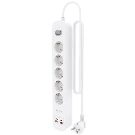 Aisens Regleta Enchufe ASPS-2A2C14-W - 5 Tomas Schuko + Cargador USB-C 20W PD3.0 QC3.0 con 2 USB-A y 2 USB-C, Interruptor LED, Cable 1.4m, Blanco, Protección Infantil