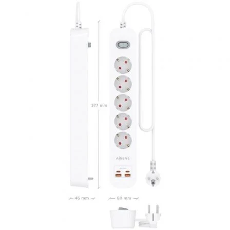 Aisens Regleta Enchufe ASPS-2A2C14-W - 5 Tomas Schuko + Cargador USB-C 20W PD3.0 QC3.0 con 2 USB-A y 2 USB-C, Interruptor LED, Cable 1.4m, Blanco, Protección Infantil