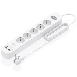 Aisens Regleta Enchufe ASPS-2A2C14-W - 5 Tomas Schuko + Cargador USB-C 20W PD3.0 QC3.0 con 2 USB-A y 2 USB-C, Interruptor LED, Cable 1.4m, Blanco, Protección Infantil