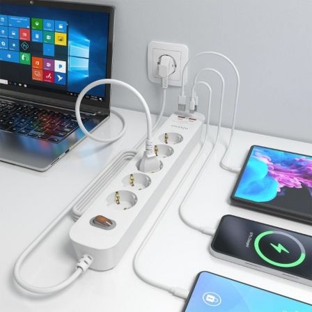 Aisens Regleta Enchufe ASPS-2A2C14-W - 5 Tomas Schuko + Cargador USB-C 20W PD3.0 QC3.0 con 2 USB-A y 2 USB-C, Interruptor LED, Cable 1.4m, Blanco, Protección Infantil