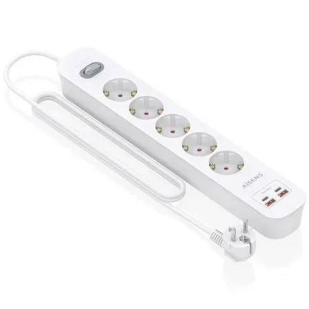 Aisens Regleta Enchufe ASPS-2A2C14-W - 5 Tomas Schuko + Cargador USB-C 20W PD3.0 QC3.0 con 2 USB-A y 2 USB-C, Interruptor LED, Cable 1.4m, Blanco, Protección Infantil