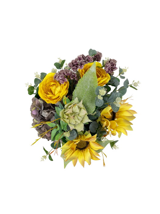 Obouquet Ramo de Flores Artificiales Sol Amarillo con Girasol, Estatis, Eucalipto, Hortensia y Ranunculo 55cm