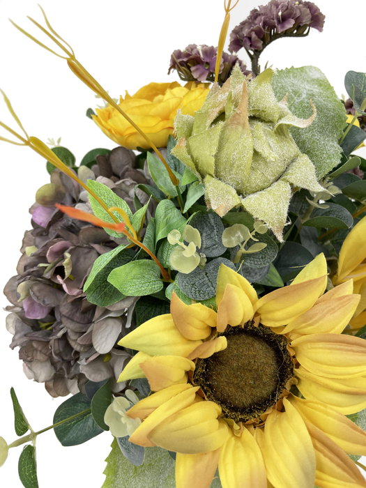 Obouquet Ramo de Flores Artificiales Sol Amarillo con Girasol, Estatis, Eucalipto, Hortensia y Ranunculo 55cm