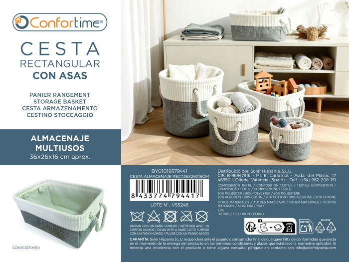 Inde Cesta de Almacenaje Rectangular Confortime, 36 cm de Largo x 26 cm de Ancho x 16 cm de Alto, para Ordenar y Organizar (12 Unidades)