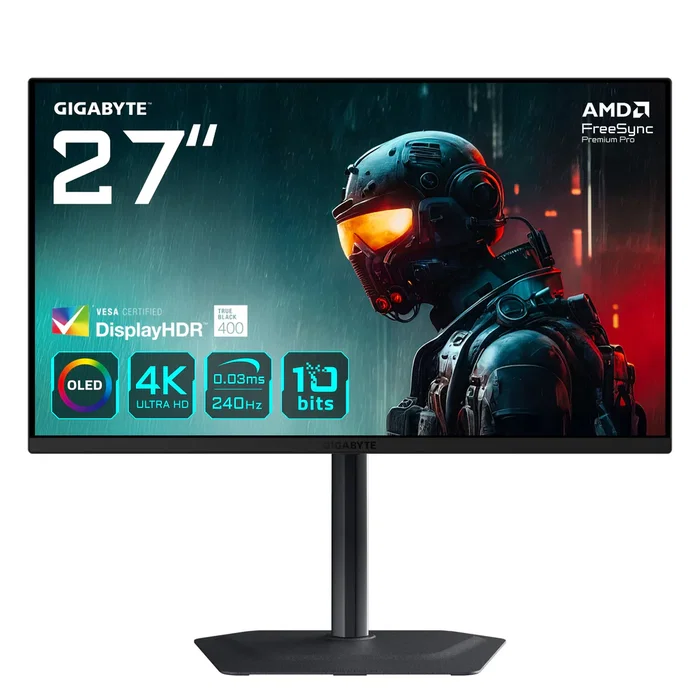 GIGABYTE MO27U2 Monitor Gaming 27" QD-OLED 4K UHD 240Hz 0.03ms, 99% DCI-P3, NVIDIA G-Sync Compatible, AMD FreeSync Premium Pro, Negro