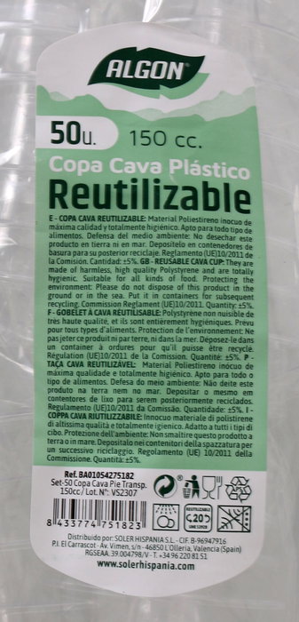 Algon Set 50 Copas de Cava de Pie Transparentes 150cc (6 Unidades)