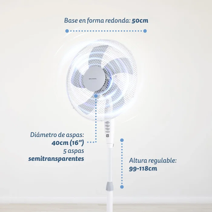 Grunkel Ventilador de Pie FAN-165X 50W 5 Aspas 40cm 3 Velocidades Blanco