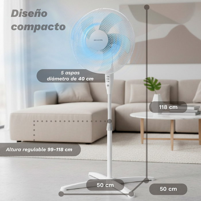 Grunkel Ventilador de Pie FAN-165X 50W con 5 Aspas y Altura Regulable