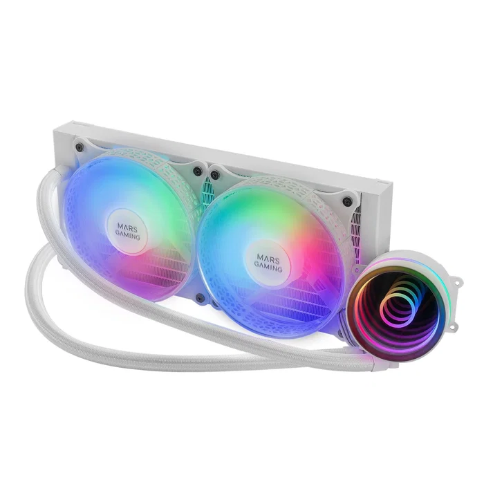 Mars Gaming ML-ONE240 Kit de Refrigeración Líquida CPU 240mm Blanco con RGB, Espejo Infinito, Bomba OPTI-CHAMBER, 400W TDP, 2 Ventiladores FDB, Compatible con Intel y AMD