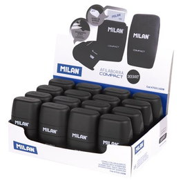 Milan Sacapuntas Doble con Goma Compact Shadow Caja Expositora 16 Unidades para Lápices Estándar y Maxi con Depósito y Cuchilla de Seguridad Fabricado en España