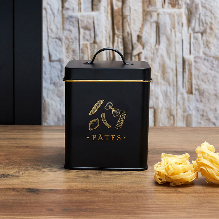 Cook Concept Bote Metal Lounge Negro Mate con Ilustraciones Doradas Tapa Asa 11.6x11.6x16 cm