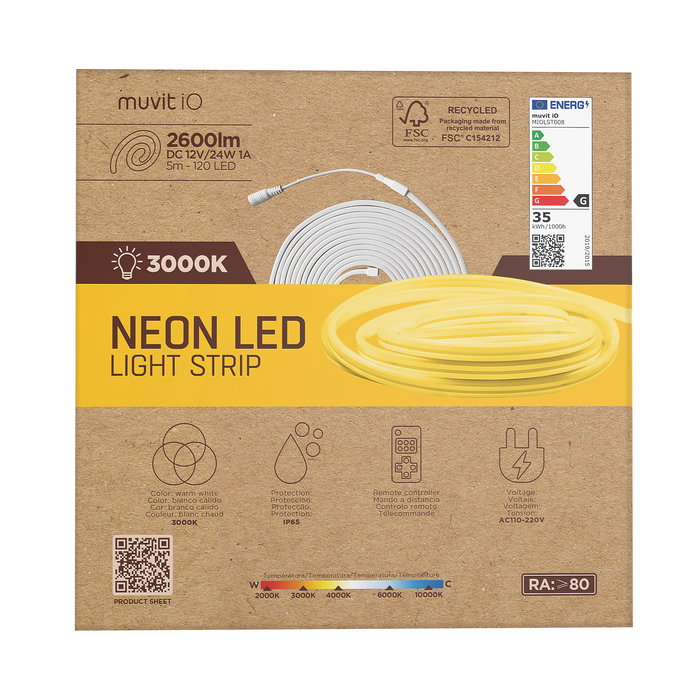 Muvit Tira LED Muvit Io Neon Ip65 5m Blanco Cálido 3000K 2600lm Control Remoto