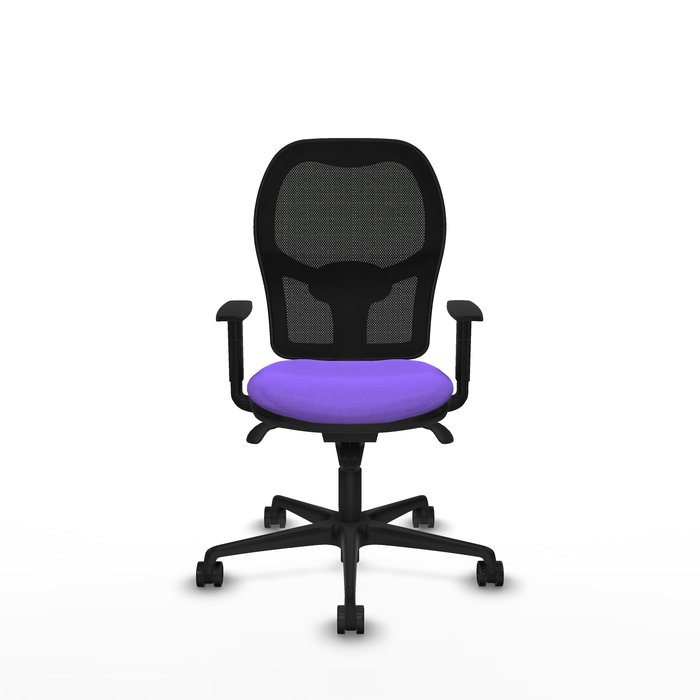 Silla de oficina Jorquera con mecanismo Sincro tapizada con Tela color Lila y malla color Negro. Equipada con lumbar 1D, Brazos 1D y Ruedas 65mm nailon