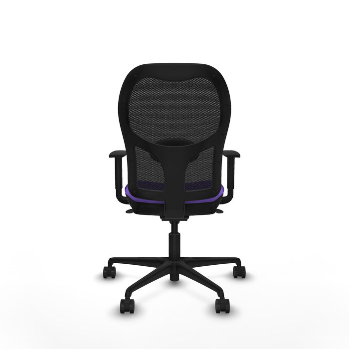 Silla de oficina Jorquera con mecanismo Sincro tapizada con Tela color Lila y malla color Negro. Equipada con lumbar 1D, Brazos 1D y Ruedas 65mm nailon